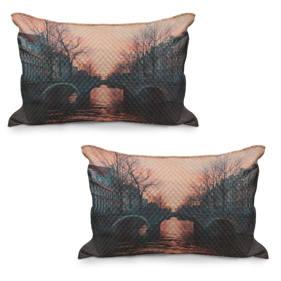Landscape Quilted Pillowcover Set of 2, Evening in Amsterdam Netherlands Scandinavian Aurora Borealis River Bridge Image, Standard Queen Size Pillow Cover Bedroom, 36" x 20", Pink Grey, by Ambesonne