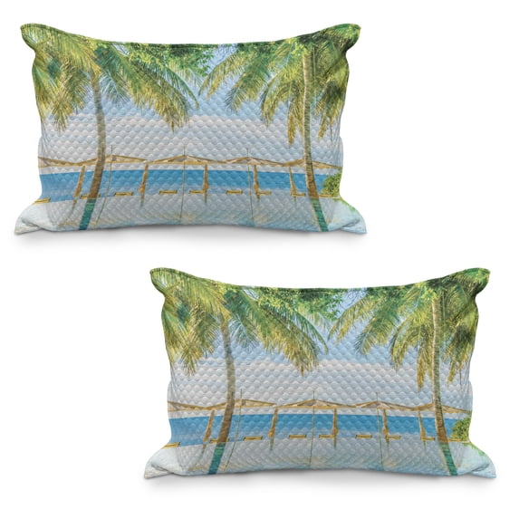 Landscape Quilted Pillowcover Set of 2, Exotic Beach with Pool Nature with Soft Sun Rays Holiday Theme Print, Standard Queen Size Pillow Cover for Bedroom, 36" x 20", Green Blue, by Ambesonne
