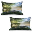 thumbnail image 1 of Landscape Quilted Pillowcover Set of 2, Fishing Pier by River in the Morning Clouds and Trees Nature Image, Standard Queen Size Pillow Cover for Bedroom, 30" x 20", Green Blue White, by Ambesonne, 1 of 1