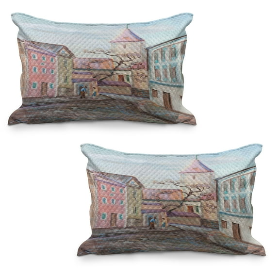 Landscape Quilted Pillowcover Set of 2, Watercolored Effect Street with Paved Stones Rocks Tower Houses People Rural Art, Standard Queen Size Pillow Cover Bedroom, 36" x 20", Multicolor, by Ambesonne