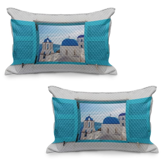 Landscape Quilted Pillowcover Set of 2, Window View of Classical Building Domes Oia Santorini Greece Travel, Standard Queen Size Pillow Cover for Bedroom, 30" x 20", Aqua Blue White, by Ambesonne