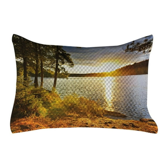 Landscape Quilted Pillowcover, Sunset Dawn in the Forest over Lake of 2 Rivers Algonquin Park Ontario Canada, Standard King Size Accent Pillow Cover for Bedroom, 36" x 20", Multicolor, by Ambesonne