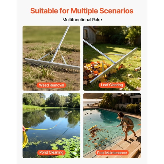 Landscape Rake,36"Wide Head 102"Handle,Large Heavy Duty Aluminum Landscaping Leaf Rake Tool,Asphalt Level for Loosening Soil,Garden&Yard,Pond Gravel&Beach Lawn Care,52ft Rope