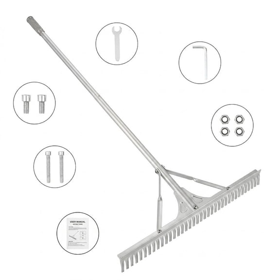 Landscape Rake, 36 in Aluminum Head with 75 in Long Handle, Lake Weed Rake for Soil Loosening, Lawn Care, Garden and Pond