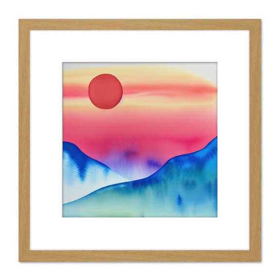 Landscape Red Sun Sunset Modern Watercolour Illustration Square Wooden Framed Wall Art Print Picture 8X8 Inch