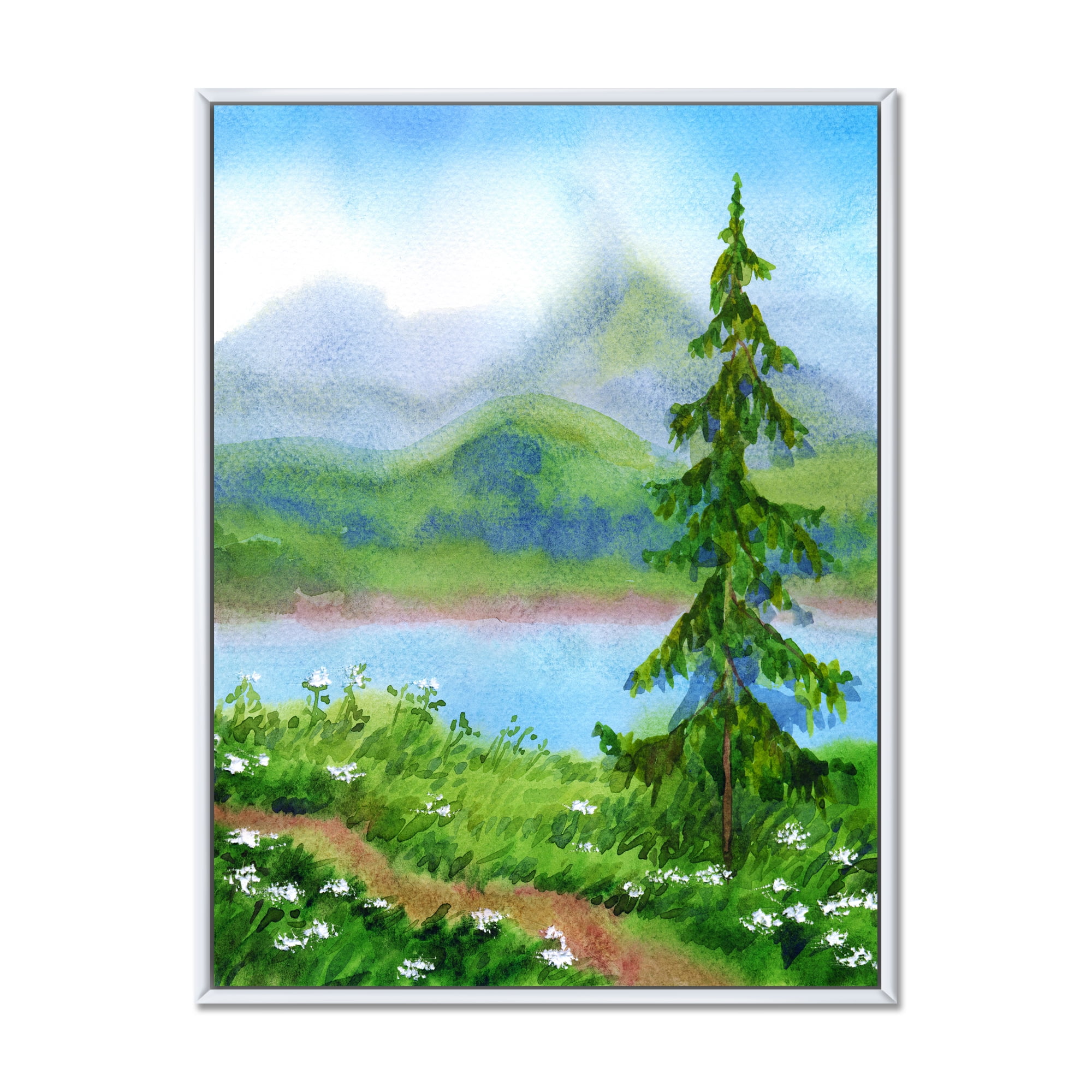 Landscape River Spruce Near The Trail On A Hill 16 in x 32 in Framed Painting Canvas Art Print, by Designart