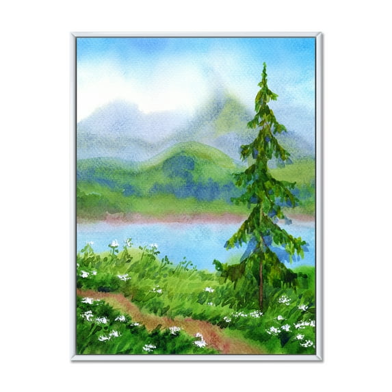 Landscape River Spruce Near The Trail On A Hill 16 in x 32 in Framed Painting Canvas Art Print, by Designart