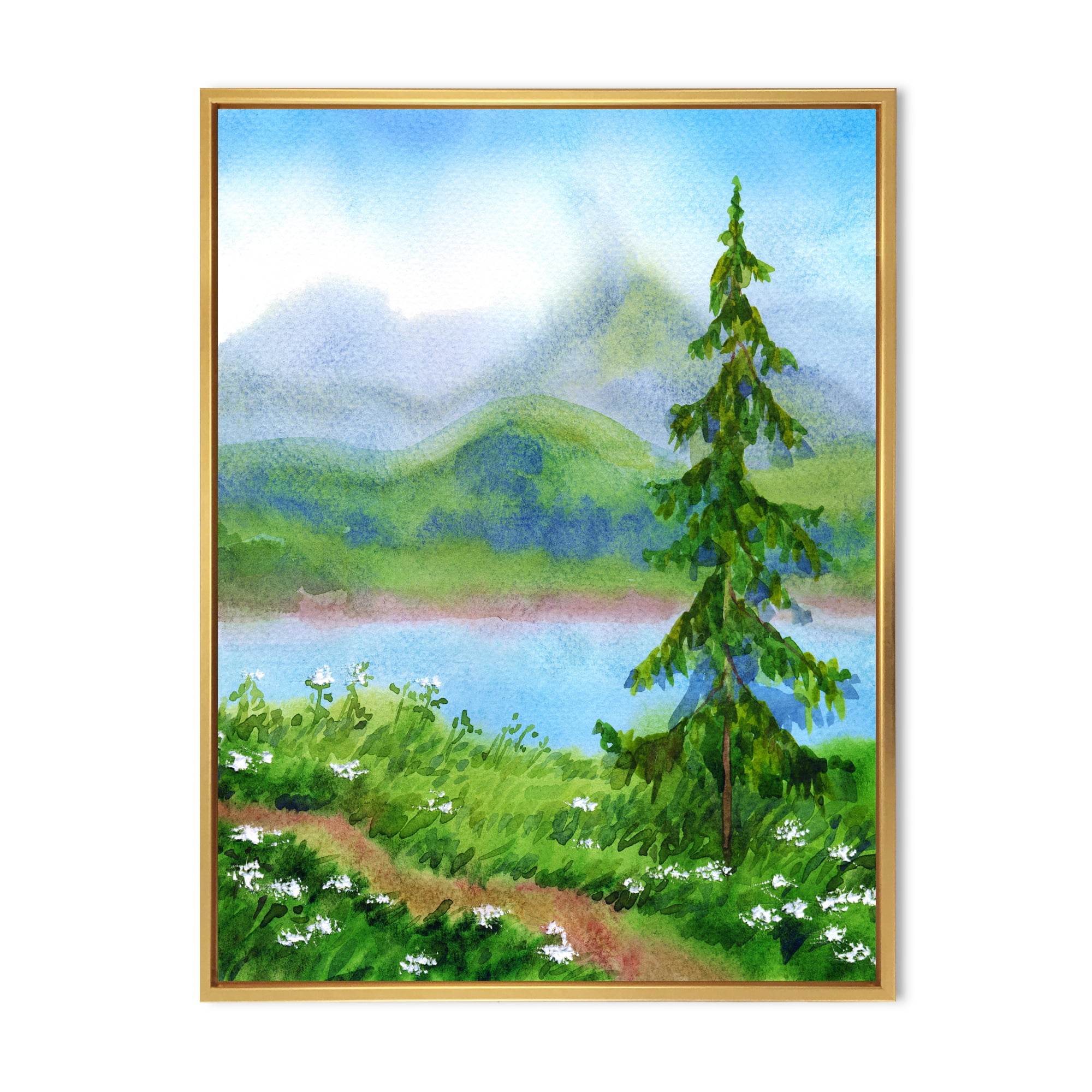 Landscape River Spruce Near The Trail On A Hill 24 in x 32 in Framed Painting Canvas Art Print, by Designart