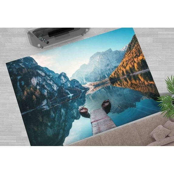 Landscape Rugs, Front Door Rugs, Dolomites Mountains Rugs, Boats on the Braies Lake in Dolomites Mountains Rug, View Rugs, Non Slip Rugs, 2'x3' - 60x90 cm