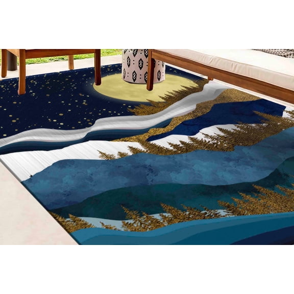 Landscape Rugs, Housewarming Gift Rug, Gold Rug, Navy Blue Rugs, Kitchen Rug, Minimal Rugs, Mountain Rugs, Salon Decor, Boho Mmountain Rugs, 2'x3' - 60x90 cm