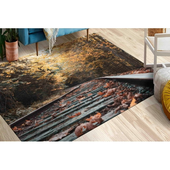 Landscape Rugs, Soft Rugs, Autumn Landscape Rugs, Farmhouse Rug, Train Tracks Landscape Rug, Non-Slip Carpet Rug, View Rug, Office Rugs, 2'x3' - 60x90 cm