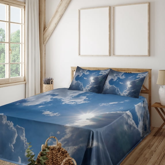 Ambesonne Scenery Fitted & Top Sheet Set with Shams, Vibrant Sun Clear Sky, Grey Blue