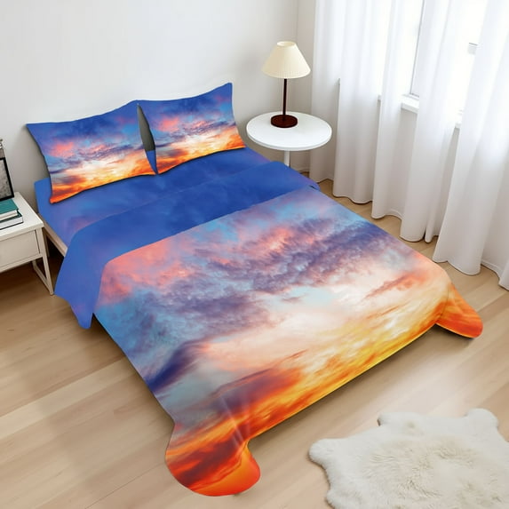 Ambesonne Colorful Fitted & Top Sheet Set with Shams, Sunset Cloudscape Sky, Orange Blue