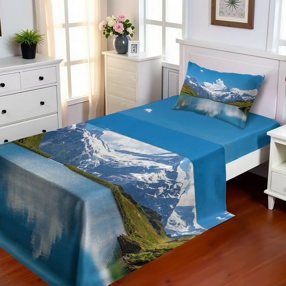 Ambesonne Winter Fitted & Top Sheet Set with Sham, Snow Frozen Lake Swiss, Blue Green White