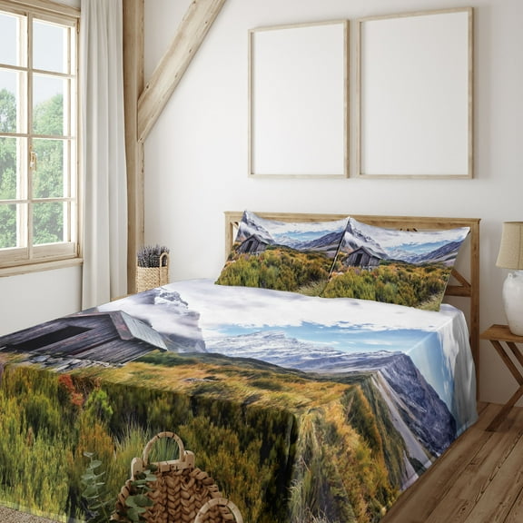 Ambesonne Landscape Fitted & Top Sheet Set with Shams, European Mountains Spring, Green and Grey