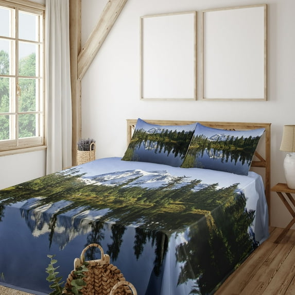 Ambesonne Mountain Fitted & Top Sheet Set with Shams, Tree and Snowy Nature, Green Blue White