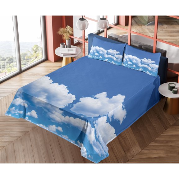 Ambesonne Clouds Fitted & Top Sheet Set with Shams, Summertime Nature Scene, White Blue