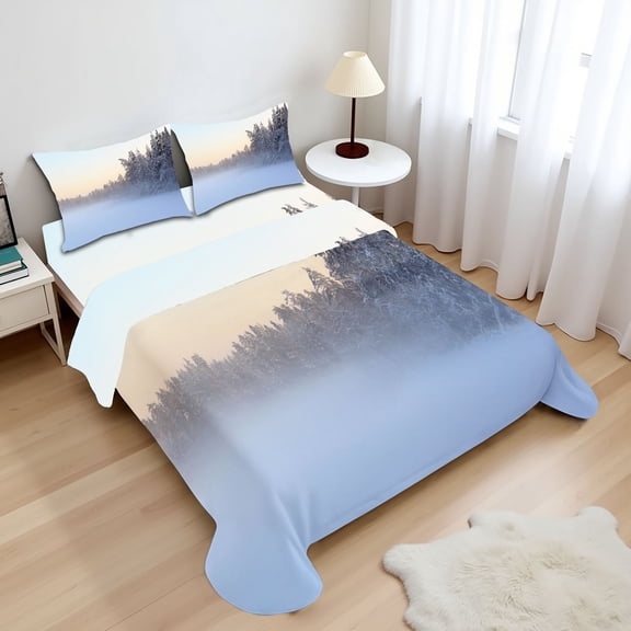 Ambesonne Winter Fitted & Top Sheet Set with Shams, Frozen Lake in Woods, White Green