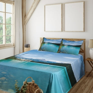 Landscape Sheet Set, Historical Castle by the Crystal Color Lake Canadian Rurals Art, Fitted and Flat Sheet with Pillowcases Bedding Accent 4 Piece Set, King, Turquoise Green, by Ambesonne