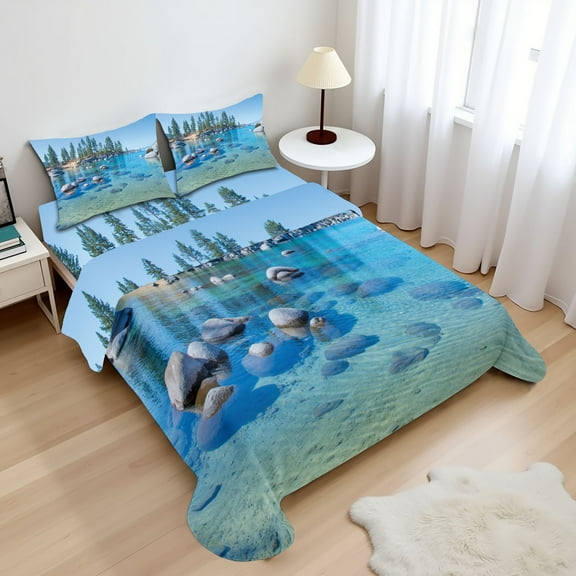 Ambesonne Landscape Fitted & Top Sheet Set with Shams, Calm Still Water Rocks, Blue Grey Green