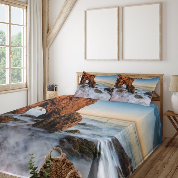 Ambesonne Landscape Fitted & Top Sheet Set with Shams, Rocky Sea Cliff Ocean, Cinnamon and Blue