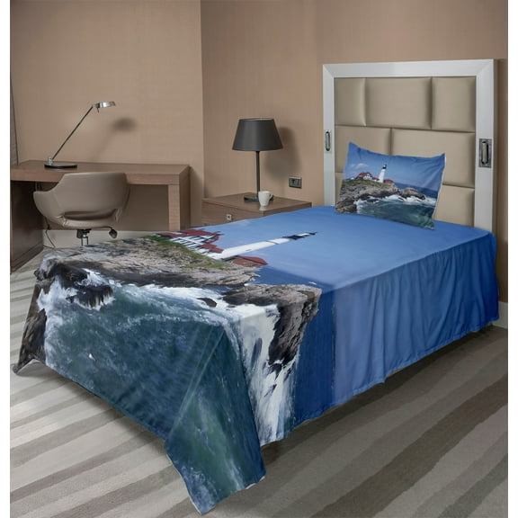 Ambesonne Landscape Fitted & Top Sheet Set with Sham, Lighthouse House on Rock, Multicolor