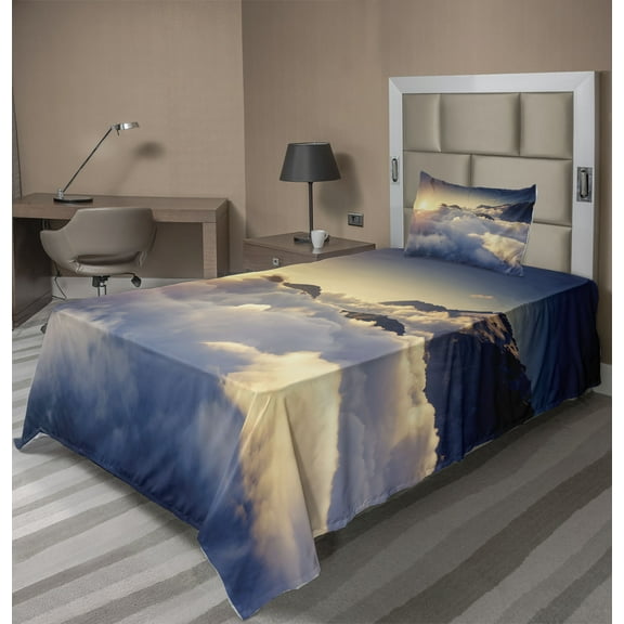Landscape Sheet Set, Mountain View Climbing Above the Clouds Hobby Scenic Outdoors Twilight Hiking, Fitted and Flat Sheet with Pillowcase Bedding Accent 3 Piece Set, Twin, Beige Navy, by Ambesonne