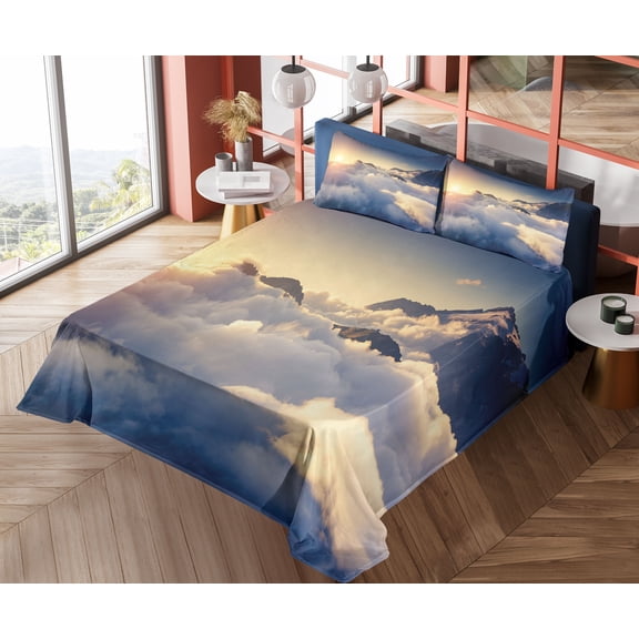 Ambesonne Mountain Fitted & Top Sheet Set with Shams, Climbing Above Clouds, Beige Navy