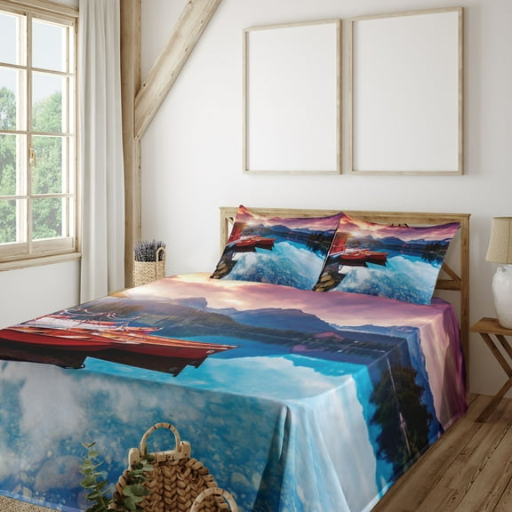 Ambesonne Mountain Fitted & Top Sheet Set with Shams, South Asia Romantic, Multicolor