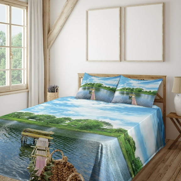 Ambesonne Landscape Fitted & Top Sheet Set with Shams, Wooden Dock over Lake, Multicolor