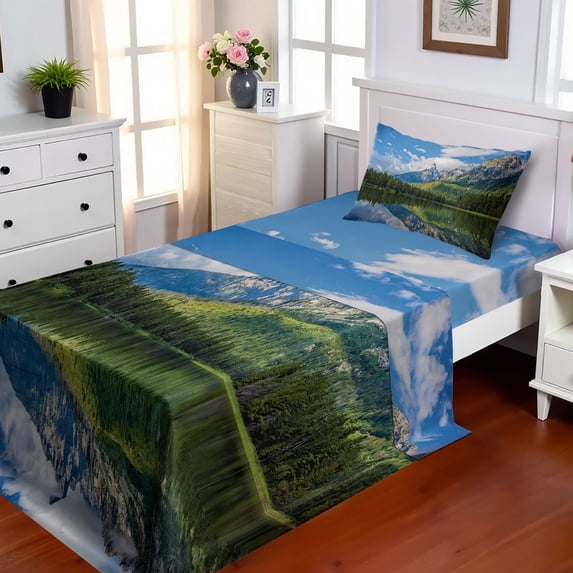 Ambesonne Nature Fitted & Top Sheet Set with Sham, Mountain Lake Scenery, Blue White Green
