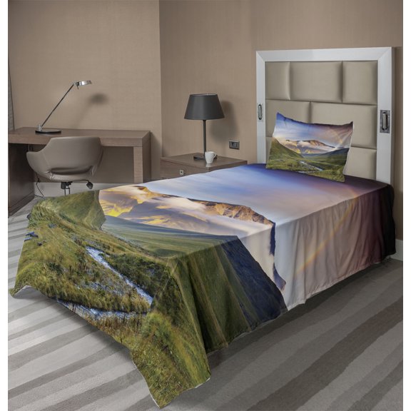 Ambesonne Rainbow Fitted & Top Sheet Set with Sham, Meadow Riverbed Mist, Multicolor