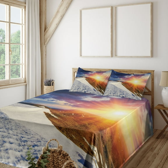 Ambesonne Landscape Fitted & Top Sheet Set with Shams, Snowy Sunny Mountains, Blue and Brown