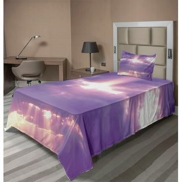 Landscape Sheet Set, Sunburst on Cloudy Sky Rainy Weather Romantic View Valentin's Day Picture Print, Fitted and Flat Sheet Pillowcase Bedding Accent 3 Piece Set, Twin XL, Purple White, by Ambesonne