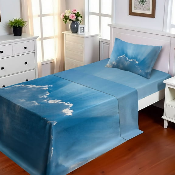 Ambesonne Summer Fitted & Top Sheet Set with Sham, Sunburst Theme Lines, Blue Grey