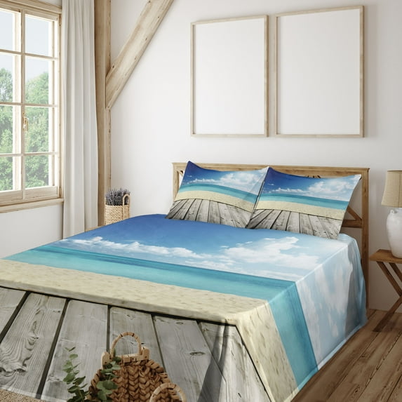 Landscape Sheet Set, Tropical Beach from Wooden Pier Sky Seascape Summer View Image, Fitted and Flat Sheet with Pillowcases Bedding Accent 4 Piece Set, Full, Cream Turquoise White, by Ambesonne