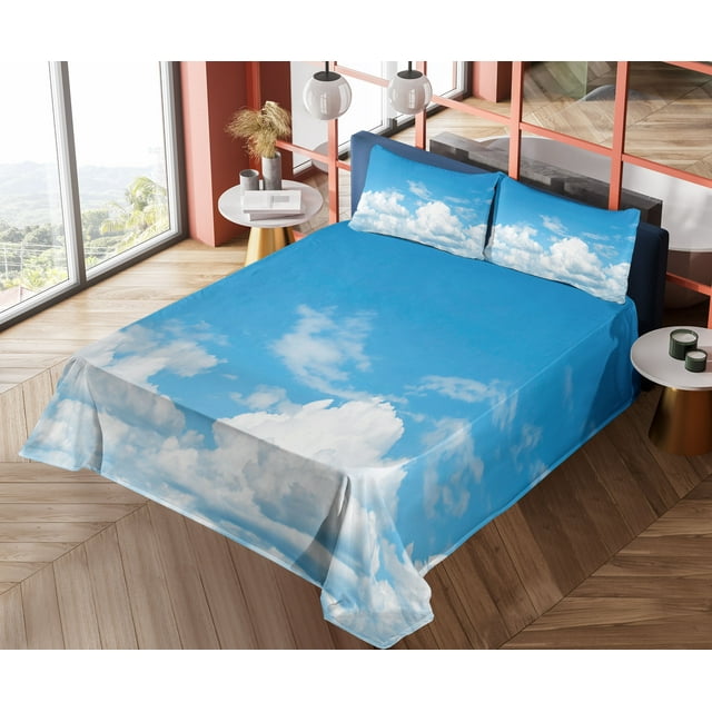 Landscape Sheet Set, Vast Cloudy Sky Scenics Windy Weather Calming View Panoramic Scenery Picture, Fitted and Flat Sheet with Pillowcases Bedding Accent 4 Piece Set, Calking, Blue White, by Ambesonne