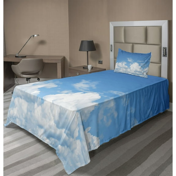 Ambesonne Blue White Fitted & Top Sheet Set with Sham, Cloudy Calming Scene, Blue White