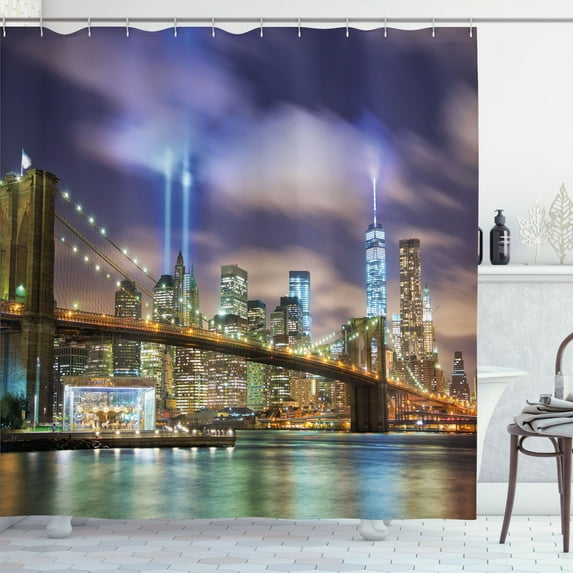 Landscape Shower Curtain, Manhattan Skyline with Brooklyn Bridge and Towers in NYC United States America, Fabric Bathroom Set with Hooks, 69W X 84L Inches Extra Long, Puple Green, by Ambesonne