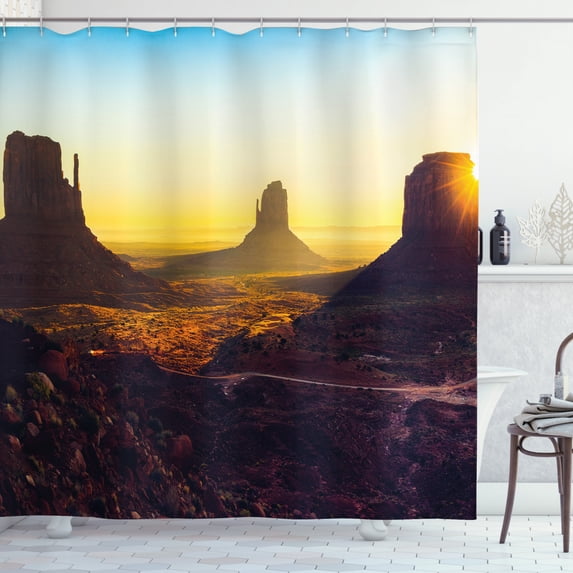 Landscape Shower Curtain, Sunrise over Monument Valley Natural Formations Historical Travelling, Fabric Bathroom Set with Hooks, 69W X 75L Inches Long, Mustard Dark Maroon, by Ambesonne