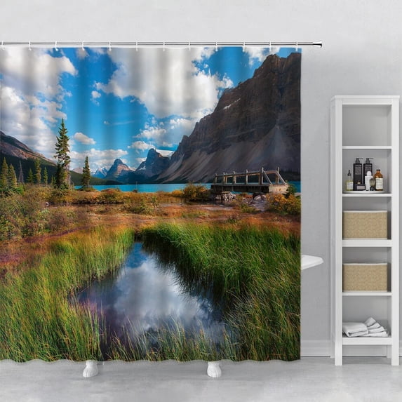 Landscape Shower Curtain Sunrise Sunset Lake View Waterfall Mountain Water Forest Landscape Print Shower Curtain for Bathroom