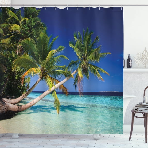 Landscape Shower Curtain, Tropic Botanic Sandy Beach Island with Coconut Palm Trees Seaside Print, Fabric Bathroom Set with Hooks, 69W X 84L Inches Extra Long, Aqua Blue Green, by Ambesonne
