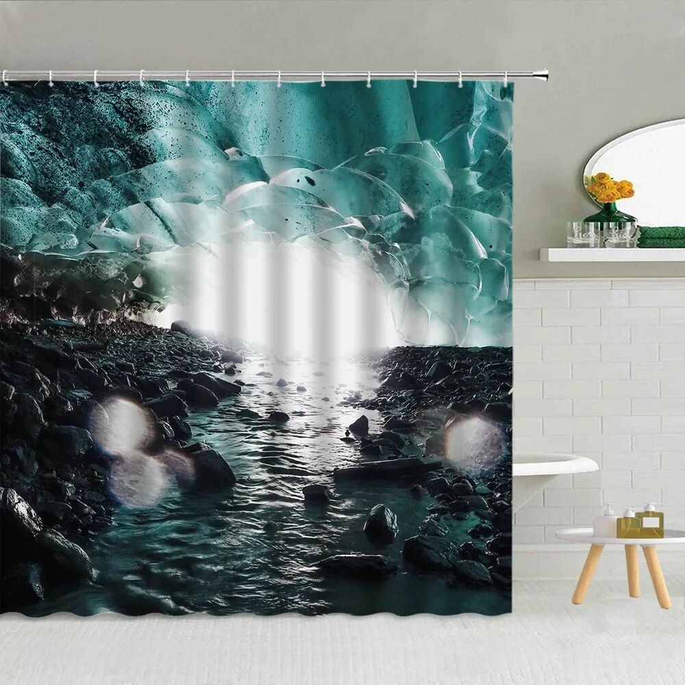 Landscape Shower Curtains Winter Snowflake Peak Houses Tree Ice Lake