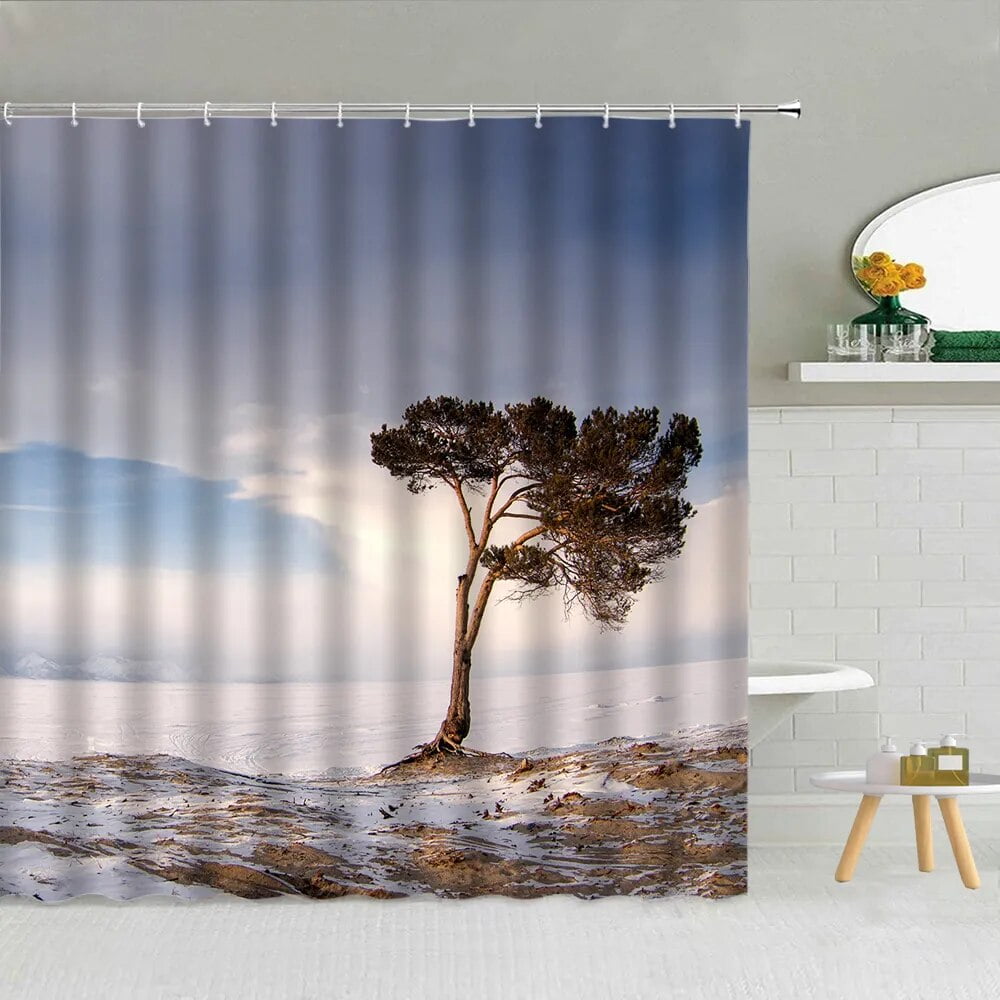 Landscape Shower Curtains Winter Snowflake Peak Houses Tree Ice Lake
