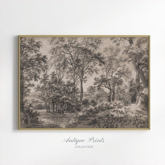 Landscape Sketch Art, Neutral Antique Forest Drawing, Vintage Rustic Cottage Wall Art, Botanical Farmhouse Decor, Unframed Paper Print