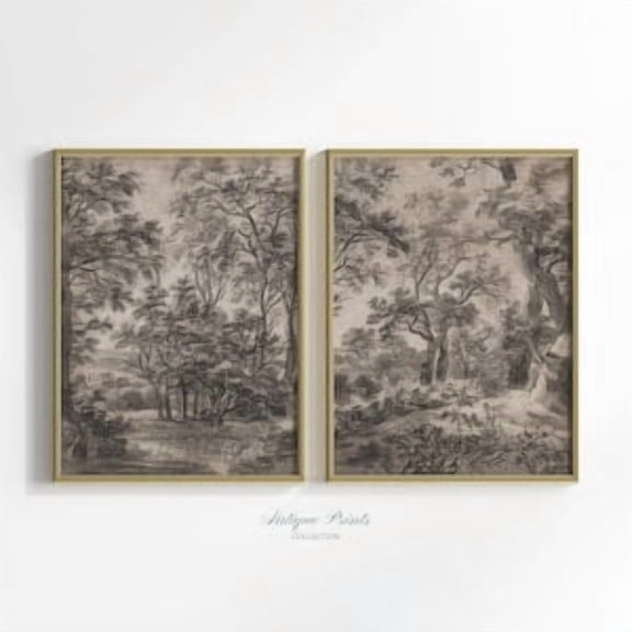 Landscape Sketch Art, Neutral Forest Prints Set of 2, Vintage Rustic Cottage Wall Art, Botanical Farmhouse Decor, , Poster Only
