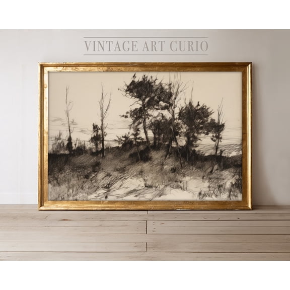 Landscape Sketch, Rustic Country Decor, Vintage Etching Drawing, Antique Sketch Drawing UNFRAMED Poster, Wall Art for Decor, Present, 8x12