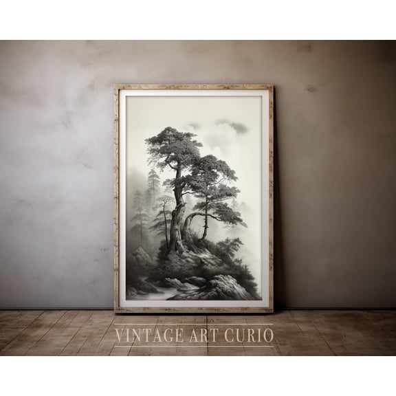 Landscape Sketch, Rustic Country Farmhouse Decor, Vintage Etching Drawing, Antique Scenery Art Print Home Decor #2658, 16x24 UNFRAMED