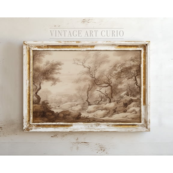 Landscape Sketch, Rustic Country Farmhouse Decor, Vintage Etching Drawing, Antique Scenery Art Print Home Decor #3410, 8x12 UNFRAMED