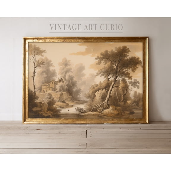 Landscape Sketch, Rustic Country Farmhouse Decor, Vintage Etching Drawing, Antique Scenery Art Print Unframed Paper Print
